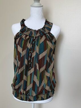 Sleeveless Geometric Halter Top in Brown and Teal